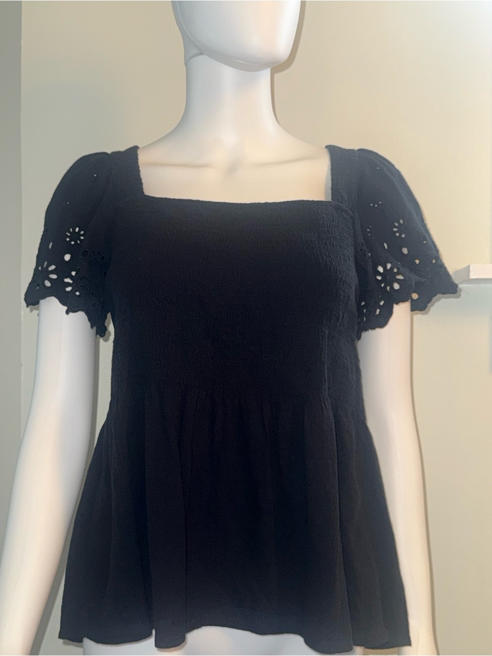 Madewell Black Square-Neck Eyelet Puff Sleeve Peplum Top